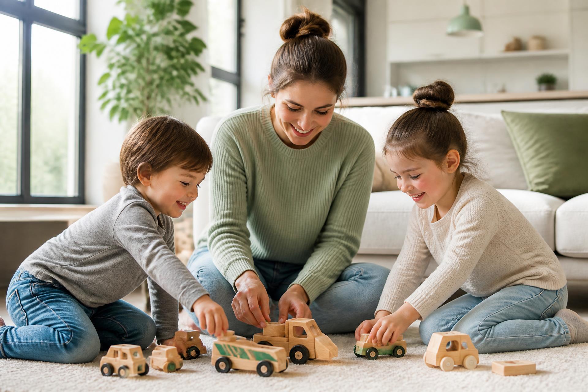 Au pair sitting on the floor playing with two young children in a bright living room